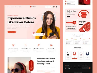 Landshop - Headphone Product Website Landing Page best dribbble shot branding devignedge earbud earpods headphone headphone landing page illustration landing page music sound ui ui design uidesign uiux user interface design webdesign website website design websitelanding page