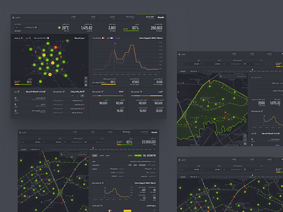 Smart City - Lighting management app / Arabic, RTL interface analytics arabic app bar chart charts city management dark mode dashboard data visualization light management line chart map middle east monitoring real time data rtl interface smart city stats top navigation urban tech web app