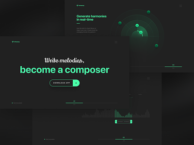 Virtuozzy - mobile composer landing page app composer creator desktop equalizer green harmonies hero image innovative interface landing page melody mobile music music editor notes song typography ui website