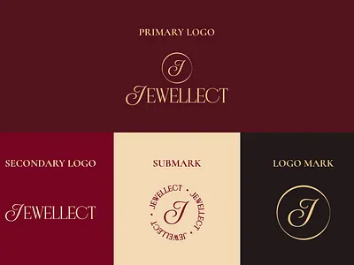 Elegant luxury J letter monogram logo design, jewelry branding box circle logo suite logomark round variations