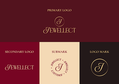 Elegant luxury J letter monogram logo design, jewelry branding box circle logo suite logomark round variations