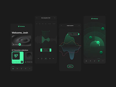 Virtuozzy - mobile composer app arranging cords black chords composer creator editor equalizer green harmonies innovative interface library melody mobile music patterns song tracks ui