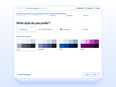 Visual Style Selection for AI Website Builder aiwebsitebuilder colorpalette customization designsystem interactivedesign interfacedesign minimalistic modernui nocode productdesign saas ui userfriendly ux visualstyle webdesign