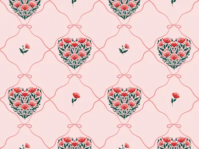 Romantic Folk Poppies boho chic botanical coral cottage core floral folk heart home decor pattern paper craft polish folk poppy romantic seamless pattern spring background stationery surface pattern textile design valentine vector illustration vector pattern