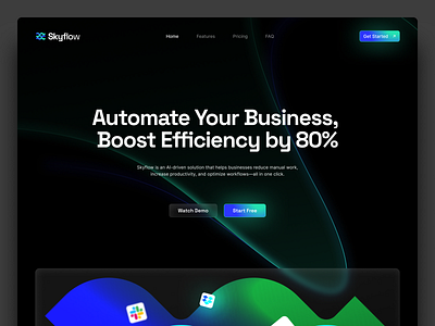 Skyflow - AI Workflow Landing Page ai design futuristic glass effect glassmorphism gradients header landing page ui ux workflow