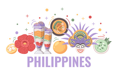 Philippines travel poster cartoon dishes flat illustration philippines travel vector