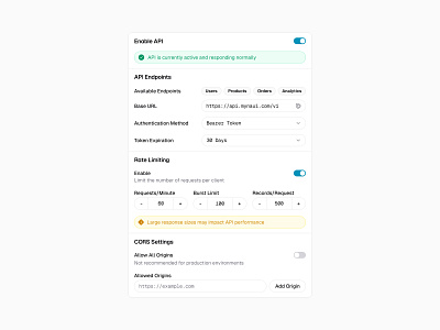 API Settings ⚙️ api button buttons design input minimal saas switch ui web design