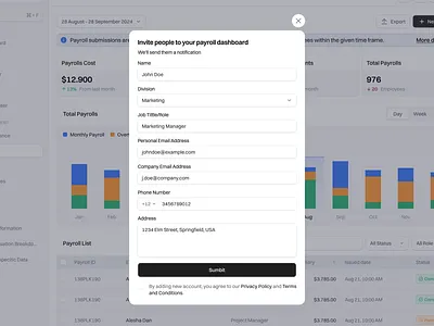 HR Management Saas Web App Dashboard - Payroll Submission analytics dashboard design employment form hr hr manage input modal payrol pop up product design saas statistics submission ui uiux web app web app saas web design