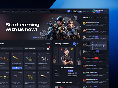 NFT Strike - home page chat crypto cs2 csgo cybersport dashboard esport esports gambling game gaming igaming market nft platform shop streaming uiux