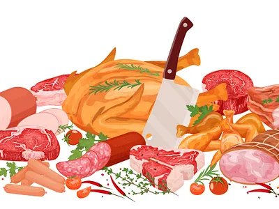 Meat products composition flat illustration meat products spices vector