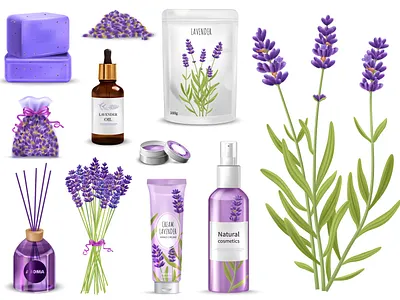 Lavender products icons set cosmetic flowers illustration lavender realistic vector