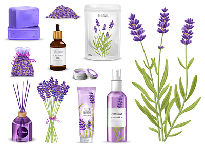 Lavender products icons set cosmetic flowers illustration lavender realistic vector