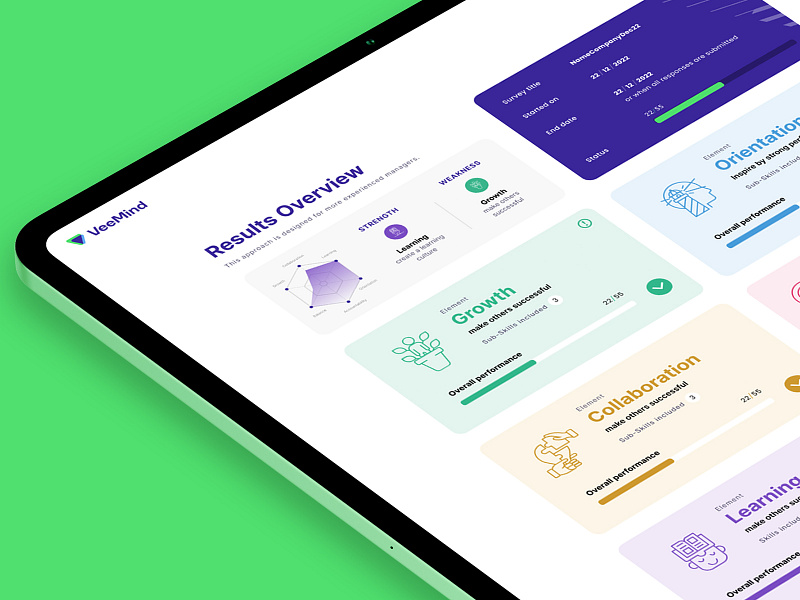 VeeMind | Results Overview app branding leadership screen design tracking ui ui design