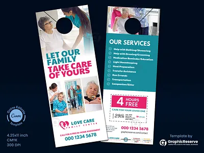 Home Care Door Hanger Design Canva Template canva door hanger customizable door hanger decluttering service door hanger template home cleanout service home helper marketing home organizing service home service marketing inhome solutions for seniors maintenance service organizing service professional door hanger design senior assistance marketing senior care advertising senior care marketing senior home services senior support services tech support for seniors transportation service vista print door hanger