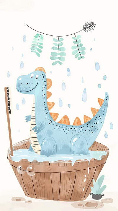 Dino-bath bath be clean cartoon style child friendly colorful dinoland dinosaur dreamy illustration kids posters pastel colors playful poster soft colors wash whi whimsical