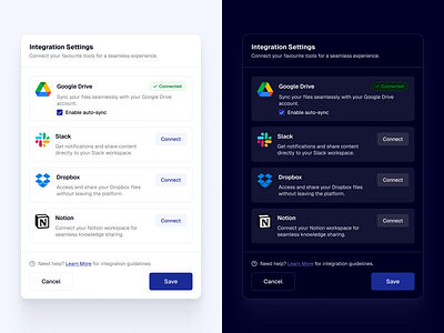 Light & Dark Integration Settings Modal dark ui design figma integration light ui modal modal design modal ui modals overlays popups saas settings settings page settings popup ui ui design uiux