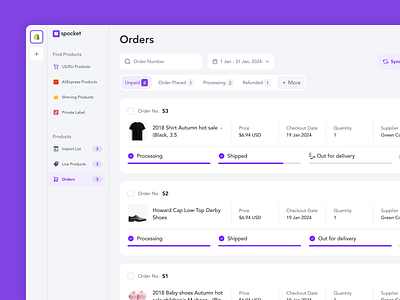 Spocket - Order & Filter 🚀 cards delivery design ecommerce ecommerce saas filter order platform pricing relevance saas search side panel sort sorting spocket tshirt ui ui card ux card