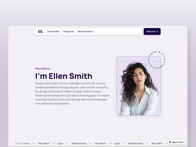 Framer portfolio template animation cards designer framer hover landing light minimal mobile mockup navigation portfolio product design purple responsive scroll template ui video web design