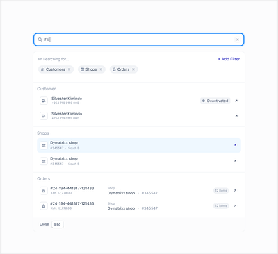 Global search app dashboard design search shadcn ui