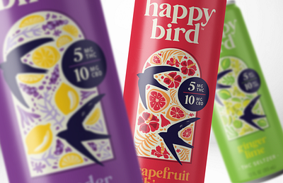 Happy Bird Branding & Packaging Design bird botanical cannabis floral ginger grapefruit hibiscus illustration lavender lemon lime packaging thc