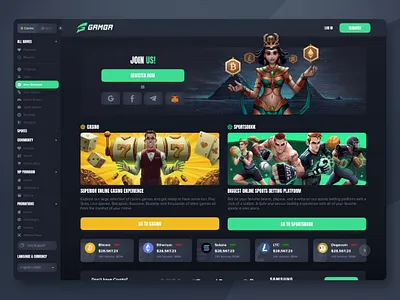 GAMBA: Online casino | Home page bet betting bookmaker casino casino game crypto crypto casino dark interface gambling home page igaming landing page online casino slot sport sportsbook uiux web design web3 website