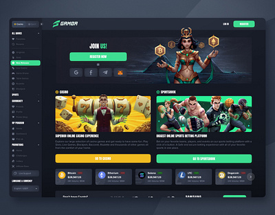 GAMBA: Online casino | Home page bet betting bookmaker casino casino game crypto crypto casino dark interface gambling home page igaming landing page online casino slot sport sportsbook uiux web design web3 website