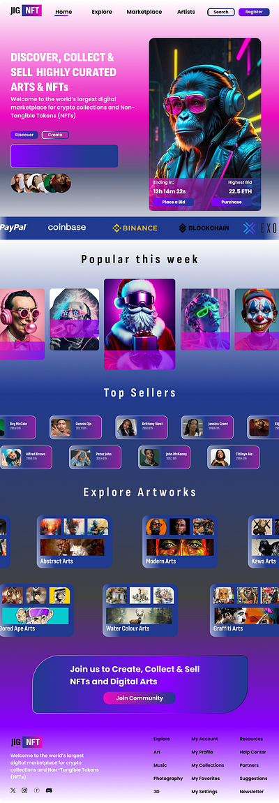 JIGNTF UI DESIGN for Arts & NFTs Landing Page app design graphic design logo ui ux