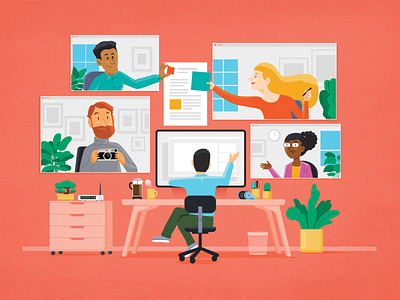 Maintaining productivity working remotely | Design Positive alejandromila character design conceptual illustration creative team design positive drawing illustration illustrator remote team remote work team player vector