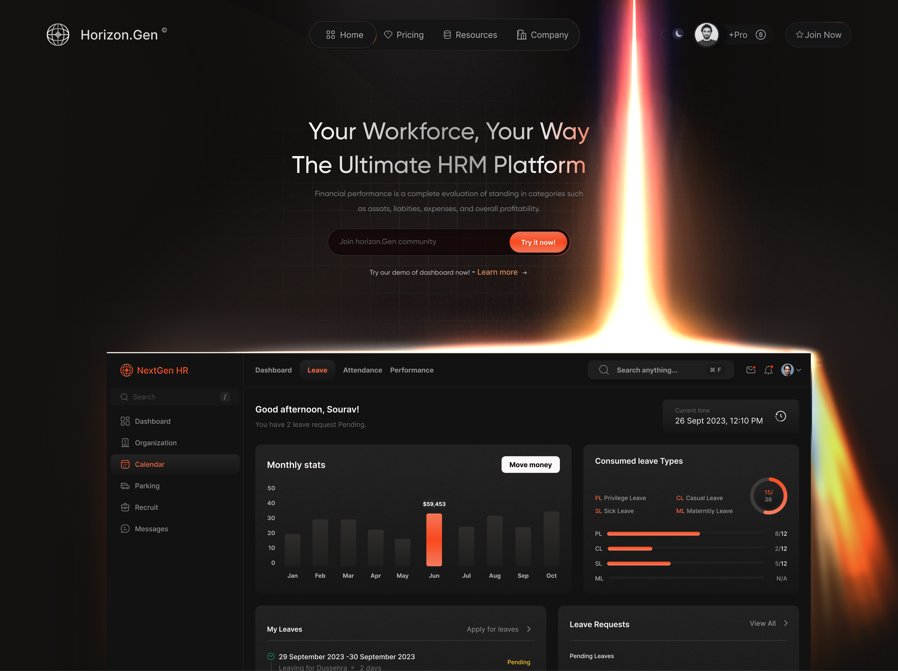 HRM Dark SaaS Landing Page design 3d branding cleanui darkmode darkmodeui dashboard design figma graphic design hrm hrmsoftware landing page product design productdesign saas landing page ui uiux