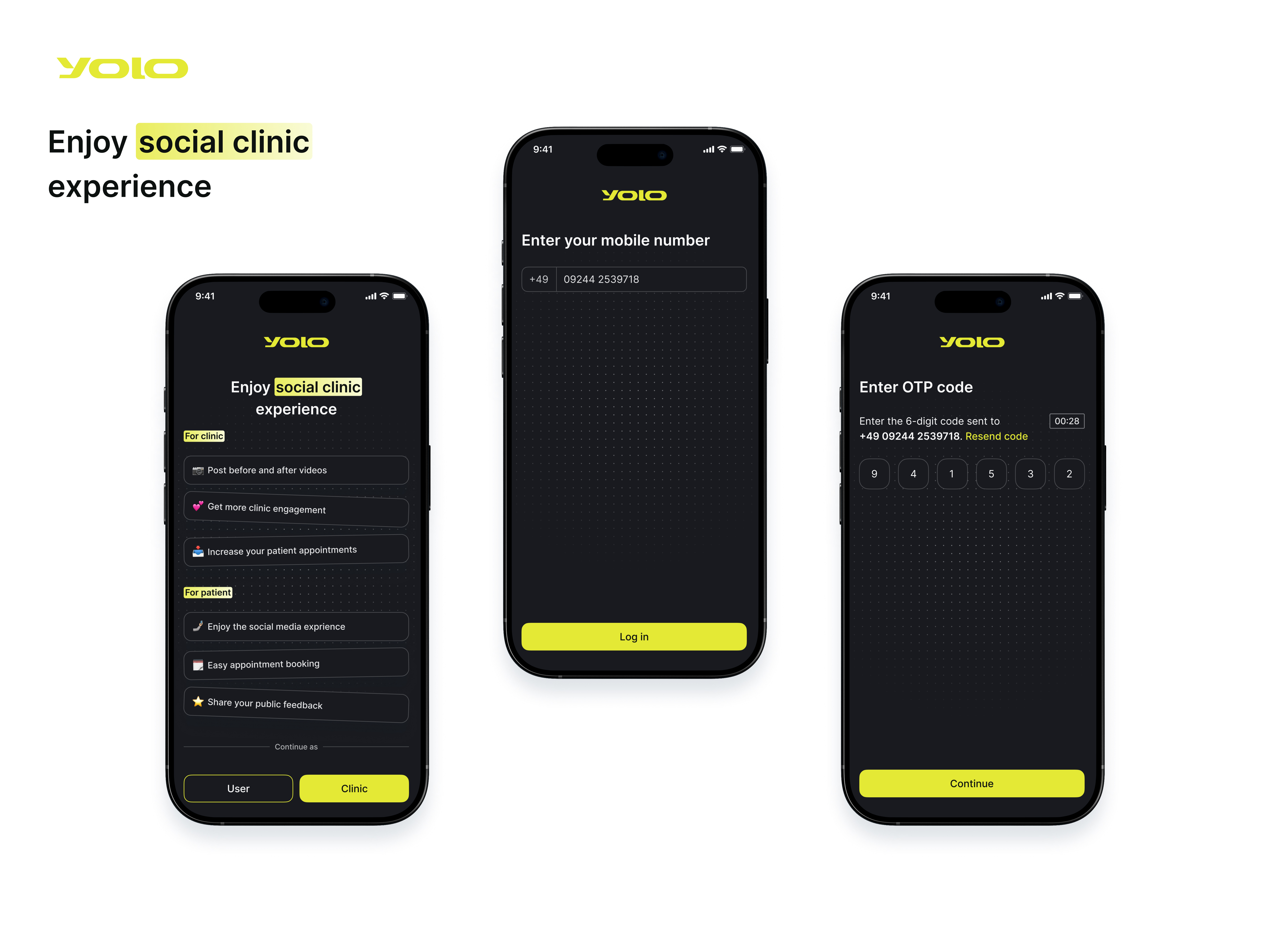 Social clinic mobile app - Log in process clinic app doctor app log in mobile app mobile app ui onboarding sign in sign up social app uiux