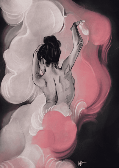 Cloudborne cloud illustration dancing girl digital painting ethereal expressive art fantasy art female pose flowy illustration mystic pink procreate art surrealart