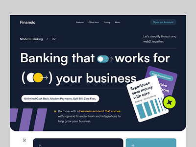 Financio - Finance Landing Page animation bank branding business card clean debit design exploration features finance financial money payment simple uidesign uxdesign web web design website