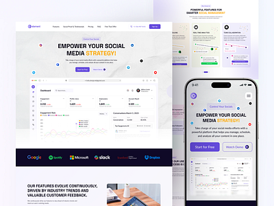 SaaS-Social Media Management Landing Page automation customerreview dashboardui faq features hero area landing page marketingtech postscheduler pricing card productivity tools saasdesign socialmediagroth socialmediatools tapas das techinnovation uiux userexperience webappdesign website design