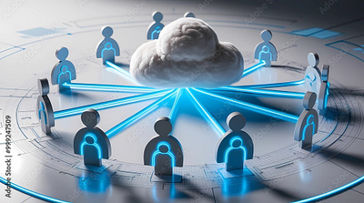 3D illustration of cloud networking with interconnected person 3d business data design flyer graphic graphic design illustration laptop neon network technology