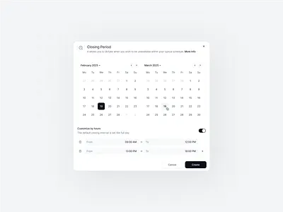 Closing Period Scheduler UI calendar view calendarui close calendar close current period closing period scheduler closing period ui custom time slots date formats date range picker scheduled actions scheduler designs scheduler ui scheduling start end date time scheduler ui