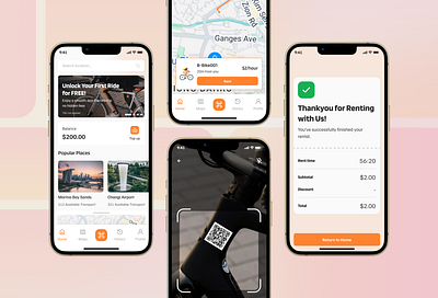 Transportation Rent: Bicycle, Electric Bike, Scooters Concept bicycle booking electric bike mobile app navigation rent scooters ui