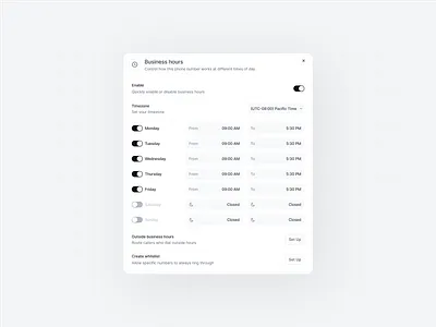 Business Hours Management UI business hours business hours design business hours ui calendar create business hours manage business hours modal modal dialog office management software shift hours switcher time management time tracking app timezones ui component working hours working hours design