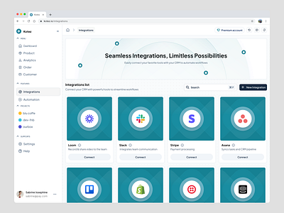 Kotez - CRM Integrations Dashboard admin dashboard api integration business analytics cloud dashboard crm dashboard crm integration crm system dashboard dashboard design data sync data visualization integration flow interactive dashboard modern web design saas interface software integration tech dashboard user dashboard web design concept website