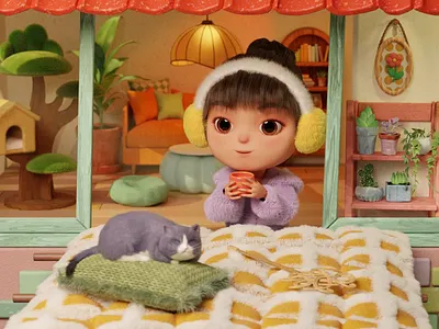 Winter sun 3d animation blender breakdown cartoon cat character cozy diorama fluffy garment hair illustration marvelousdesign modeling pet render sunny sunshine winter