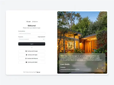 Login Page with Testimonial accessible design authentication authentication method crypto forgot password investment investment platform lodin ui log in login login design login page real estate sign in signin testimonial testimonial section