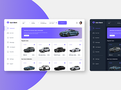 Autorent - Dasboard rent car branding carrental cleanui dailyui darkmodeu dashboard dashboarddesign dashboardui interactiondesign lightmodeui minimaldesign moderndashboard neumorphism rentaldashboard sidebardesign uitrends uiux uxdesign webdesign