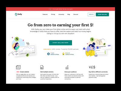 Owlly - sell digital services dashboard design digital services ecommerce figma graphic design gumroad illustration interface ladning page landing page selling platform ui web header webflow website ui