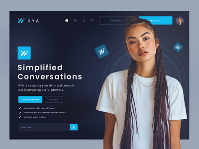 KYA GPT Chatbot Framework for Prompts ai companion ai ux asian woman blue colors branding chatbot conversational ai darkmode ui dashboard flat design futuristic ui robot smart assistant ui ux user experience webapp design