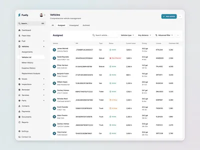 Fleet & Fuel Management Dashboard - Vehicle List assigned dashboard driver fleet fuel product saas services ui ux vehicle list