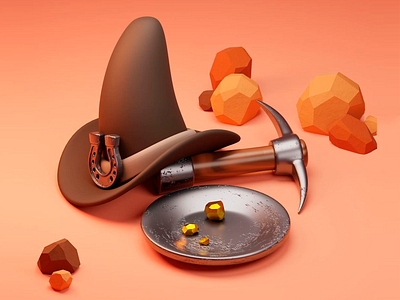 3D Rendering Clean Design 3d 3d art 3d art work 3d design 3d illustration 3d model 3d rendering 3d visual clean clean 3d design cowboy hat creative digital art digital illustration geometric rocks gold nuggets gradient peach colored background rock symbols western themed