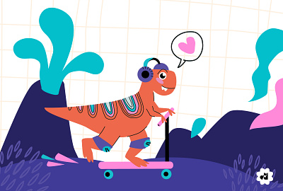 Dinosaur on a scooter animal character extrime illustration kids scooter trex volcano wild