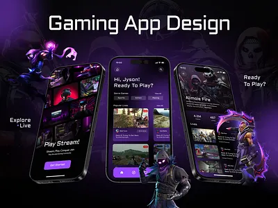 Gaming Mobile App - UI Design 3d character app design dark app dark theme game game app gaming gaming app gaming app ui live stream mobile app ui design