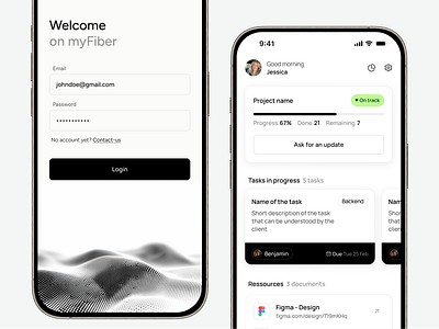 Project Management App app black cards design header login minimalist product project signup task ui ux white