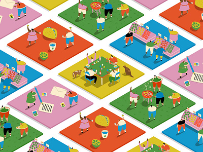 Friends in LA activities bbq board games friends friends illustration friendship fun grid illustration isometric isometric grid la la times people tacos things to do tiled tiled image