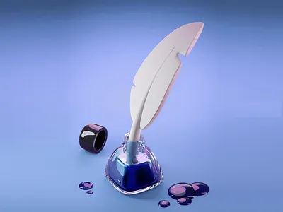 3D Art of Ink and Feather 3d 3d art 3d design 3d elements 3d illustration 3d modeling 3d objects 3d rendering 3d soft feather artistic vibe blue background contemporary style feather glossy texture ink ink bottle minimalist design modern design rich purple sleek design
